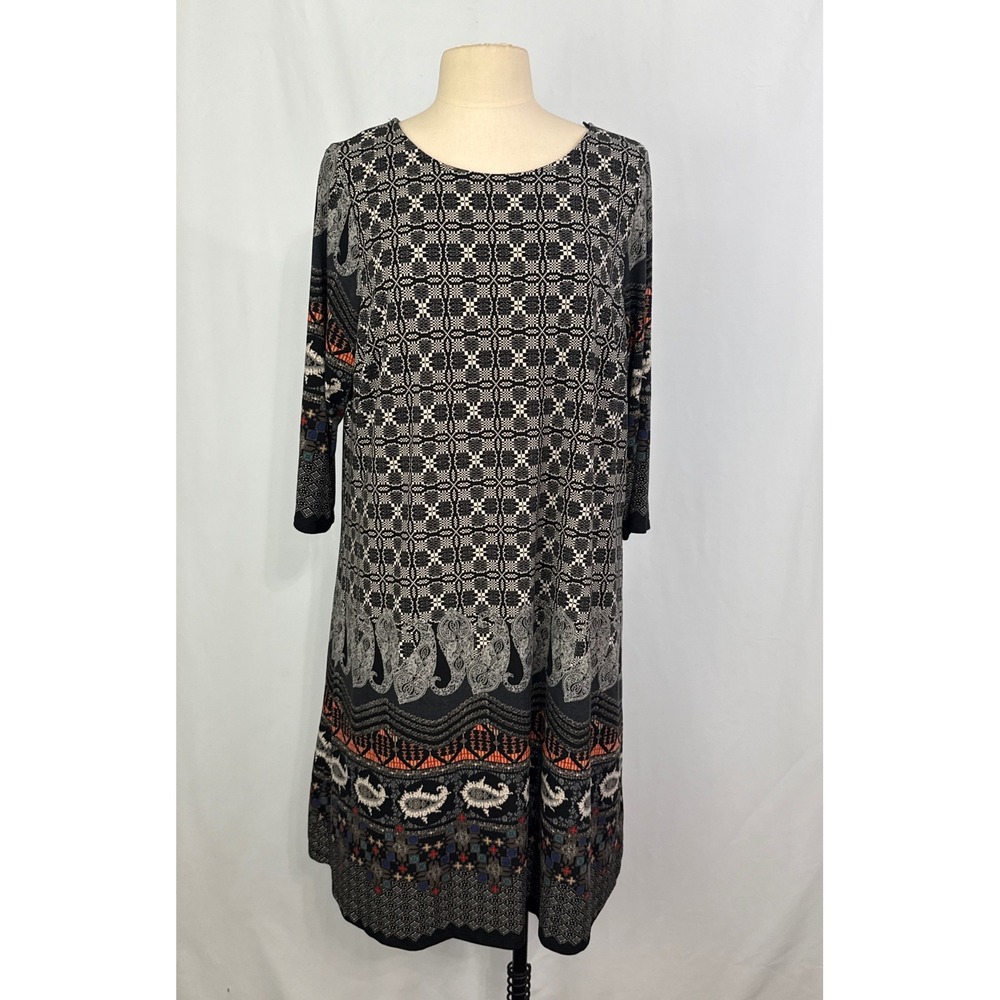 Gilli Womens 1X Black Geometric Paisley Border‎ Print 3/4 Sleeve Shift Dress USA